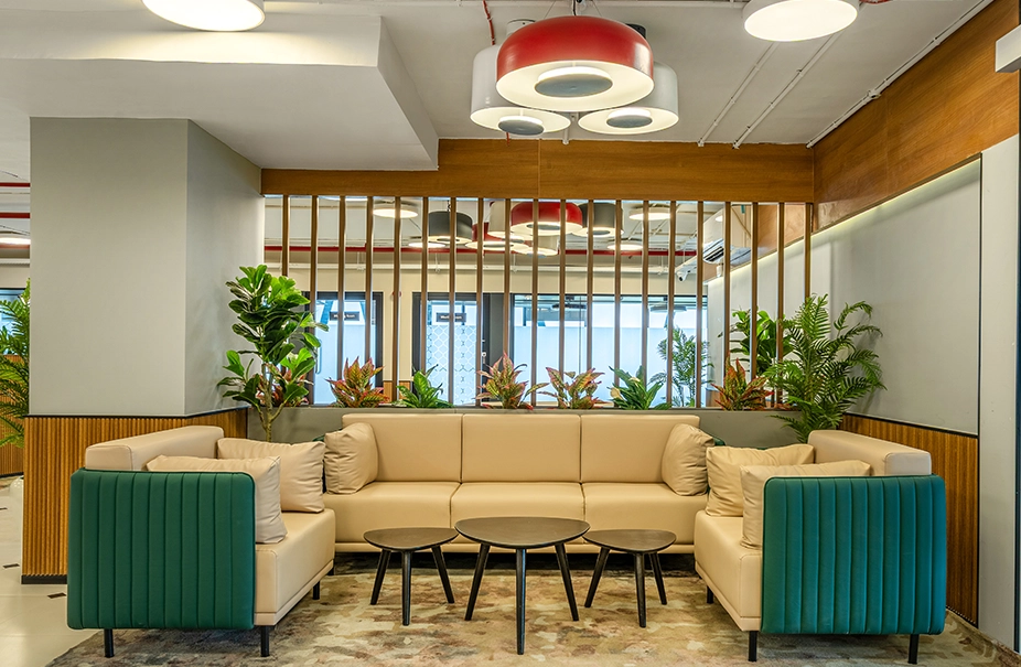 Reception lounge with visitor seating at Smartworks MS Business Park.webp